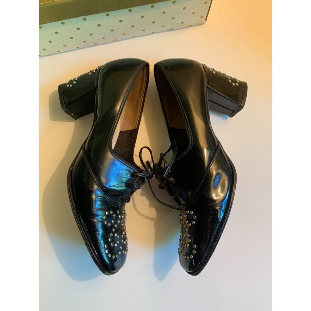 Vintage 1960 Black Patent Leather Studded Oxford Lace Up Shoe 6 B - Picture 5 of 9